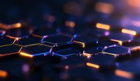 Glowing hexagonal grid pattern with orange and purple neon lights creating futuristic technological surface, abstract background for digital and tech concepts.