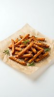 Crispy golden sweet potato fries seasoned with herbs and sea salt on parchment paper, ready to serve as healthy side dish or snack for restaurant menu.