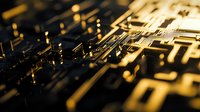Macro shot of electronic circuit board with golden components in dramatic lighting, creating abstract technological pattern with depth of field effect.