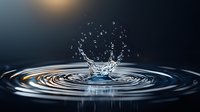 Single water drop impact creating crown splash and concentric ripples on dark liquid surface with dramatic lighting and floating droplets.