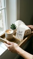 Wooden tray with lit candle, succulent, rolled towel, and self care card held near a window, evoking wellness and mindful relaxation.