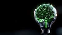 Glowing green brain inside light bulb on dark background symbolizing innovation, artificial intelligence, creative thinking and technological advancement in neuroscience.