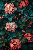Coral pink hydrangea flowers bloom among dark emerald green leaves creating dramatic natural contrast, suitable for botanical prints and floral designs.