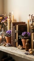 Vintage books with burning candles, purple flowers in terracotta pots, dried herbs and glass bottles create cozy rustic home decor atmosphere.
