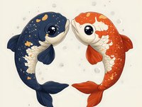 Two adorable cartoon koi fish swimming in circle formation with navy blue and orange red coloration on cream background with bubbles.