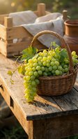 Fresh green grapes in wicker basket on rustic wooden table with harvest crate, ideal for food, agriculture, and farm-to-table marketing.