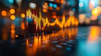 Financial market data visualization with glowing orange graph lines against dark background with bokeh lights, showing stock trading analytics and trends.