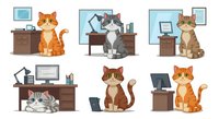 Cats working at office desks with computers, sitting on chairs and tables in workplace environments. Isolated cartoon feline characters in business settings for web design, educational materials, and commercial projects.