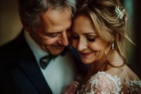 Mature couple sharing intimate wedding moment with bride in lace dress and decorative hair accessory, groom in formal black tuxedo embracing tenderly.