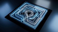Glowing blue neon maze with spiral center on dark surface. Futuristic labyrinth design for technology concepts, problem solving and strategic planning graphics.
