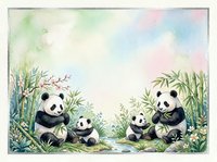 Watercolor panda family with cubs in a lush bamboo garden, soft pastel background with copy space for greeting cards and nursery art.