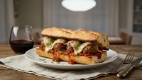 Gourmet meatball sandwich with melted cheese and marinara sauce served on wooden table with red wine glass for restaurant or food styling use.