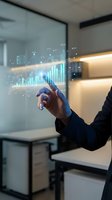 Businessman in dark suit interacting with holographic financial charts and bar graphs on transparent display, analyzing market data and investment trends in modern office environment.