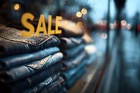Stack of folded blue jeans with golden sale sign in retail store window with rain drops and bokeh lights creating shopping atmosphere.