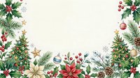 Festive holiday border frame with evergreen branches, ornaments, poinsettias, and gold stars on cream background. Isolated design element for seasonal cards and decorations.