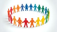 Colorful paper cutout figures holding hands in circle formation symbolizing unity, teamwork, diversity, and community support on white background.