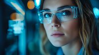 Young Caucasian woman wearing smart augmented reality glasses with digital interface display in dark room with blue neon lights and bokeh effects.