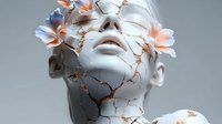 Surreal portrait of woman with cracked porcelain skin and delicate flowers growing from fractures, conceptual art for mental health and healing themes.