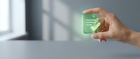 Hand holding glowing green digital checklist icon with checkmarks in modern office environment for productivity and task management applications.