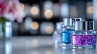 Colorful nail polish bottles with glitter in blue and purple shades on reflective surface against blurred bokeh background, beauty and cosmetics concept.