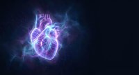 Glowing neon human heart with electric energy effects against dark cosmic background for medical and healthcare designs.