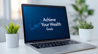 Modern laptop displaying wealth management text on screen with stock market graph, positioned on white desk with decorative succulent plants in minimalist workspace setting.