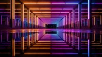Futuristic neon tunnel with vibrant purple and orange lights creating infinite perspective corridor with reflective floor for sci-fi designs.