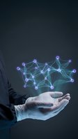Businessman hand holding glowing digital network connections with purple nodes and lines representing data flow and connectivity concepts for technology presentations.