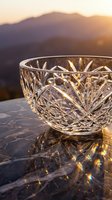Crystal cut glass bowl on stone surface with golden sunset light reflecting through intricate patterns against mountain landscape backdrop for luxury dining.
