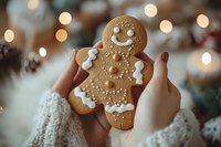 Hands in cozy knit sweater holding freshly baked gingerbread man cookie decorated with white icing against blurred Christmas lights and holiday decor background.