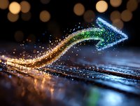 Magical glowing arrow made of sparkles and stardust rises from dark surface against blurred bokeh background, creating ethereal path of light and energy.