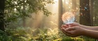 Hands holding glowing light bulb in green forest with sunbeams, symbolizing eco-friendly innovation, renewable energy solutions and environmental sustainability.