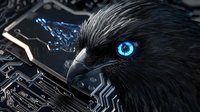 Futuristic black raven with glowing blue eyes emerging from broken smartphone screen against circuit board background.