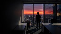 Silhouetted male professional stands in modern office overlooking cityscape at sunset, watching vibrant orange and pink sky from floor-to-ceiling windows, suitable for corporate and business concepts.