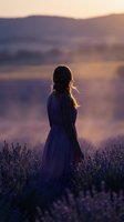 Young woman with long hair wearing flowing blue dress standing in lavender field at golden hour sunset, gazing at misty mountain landscape for editorial and lifestyle use.