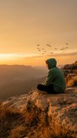 Person in green hoodie sitting on mountain cliff edge watching sunset with birds flying overhead in golden sky for meditation and mindfulness concepts.