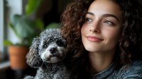 Young woman with curly brown hair smiling while holding small fluffy gray poodle dog in cozy home interior with green plants in background.