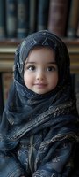 Young Middle Eastern girl wearing navy blue hijab with delicate gold embroidery pattern, smiling warmly at camera. Soft natural lighting highlights her innocent expression.