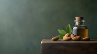 Natural almond oil in glass bottle with cork stopper, fresh almonds and green leaves on wooden surface against textured green wall for spa treatments.