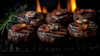 Juicy beef medallions grilling on barbecue with mushrooms, cherry tomatoes and rosemary sprigs. Flames and smoke create dramatic cooking atmosphere.