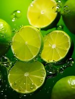 Fresh lime slices with water drops on green background, macro shot showing juicy citrus texture and splashing droplets for food and beverage marketing.