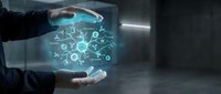 Business professional hands protecting digital network icons with glowing technology symbols representing cybersecurity and data protection concepts.
