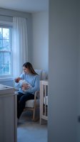 Young Caucasian mother holding newborn baby in nursery chair by window during peaceful bonding moment in modern home interior for parenting content.