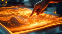 Glowing orange digital topographic surface with hand touching luminous terrain visualization, dramatic lighting creates futuristic technological atmosphere.