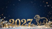 2027 golden numerals with zodiac goat symbol on dark blue background with snowflakes and bokeh lights, suitable for New Year celebrations and festive designs.