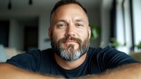 Confident mature Caucasian male with gray beard wearing dark t-shirt smiling at camera in modern office setting with natural window lighting and blurred background.