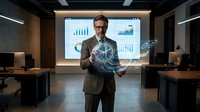 Mature male professional in business suit and eyeglasses presenting digital analytics and data visualization holograms in modern office conference room setting.