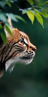Close-up profile view of an alert lynx with distinctive ear tufts and facial markings against blurred green foliage background, showing intense focus and wild nature.
