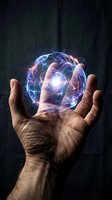 Male hands holding glowing brain with electric neural networks and energy sparks representing artificial intelligence and mental power concepts.
