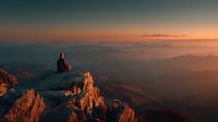 Hiker silhouette sitting on rocky mountain peak during golden hour sunrise with layered mountain ranges and warm orange sky creating peaceful moment.